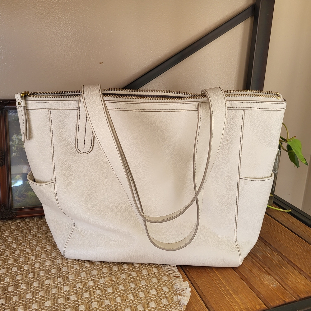 Fossil Cream Leather Zip-Top Tote Shoulder Bag - Picture 2 of 4